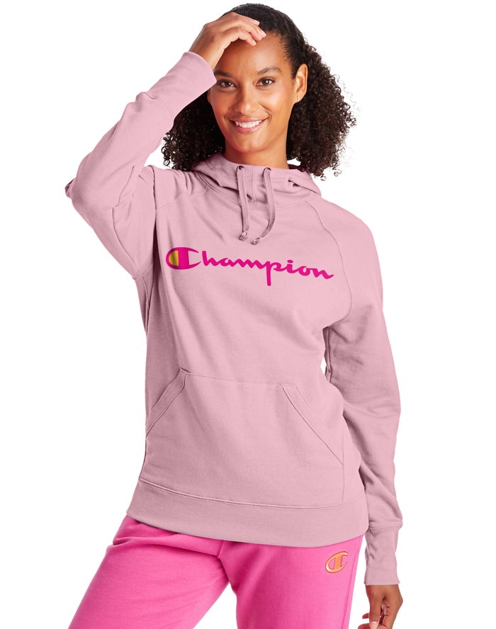 Champion Dame Hættetrøje Lyserød - Powerblend Fleece Script Logo - Danmark NSW-256418